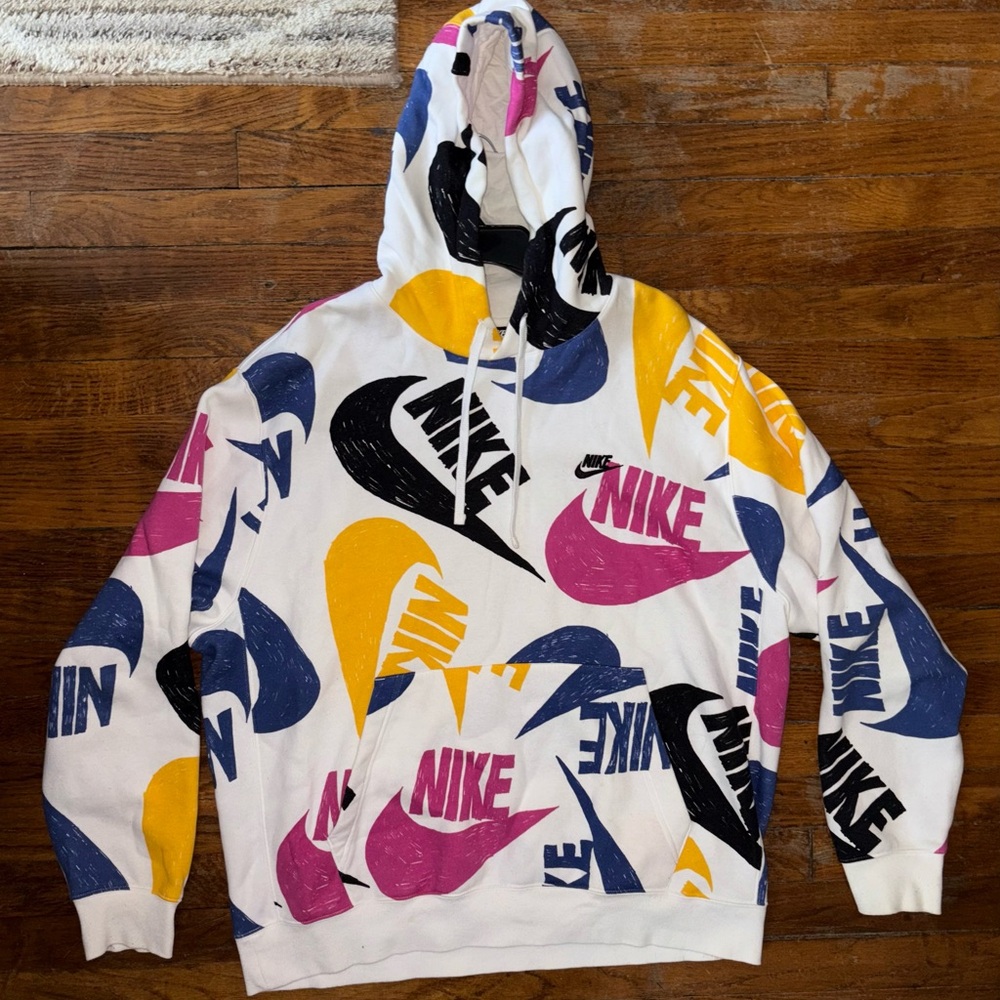 Nike Men's White Hoodie with Pink, Blue, Yellow and Black Logo Print